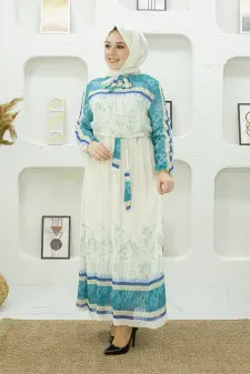 Çiçek Desenli Buz Mavisi Tesettür Elbise