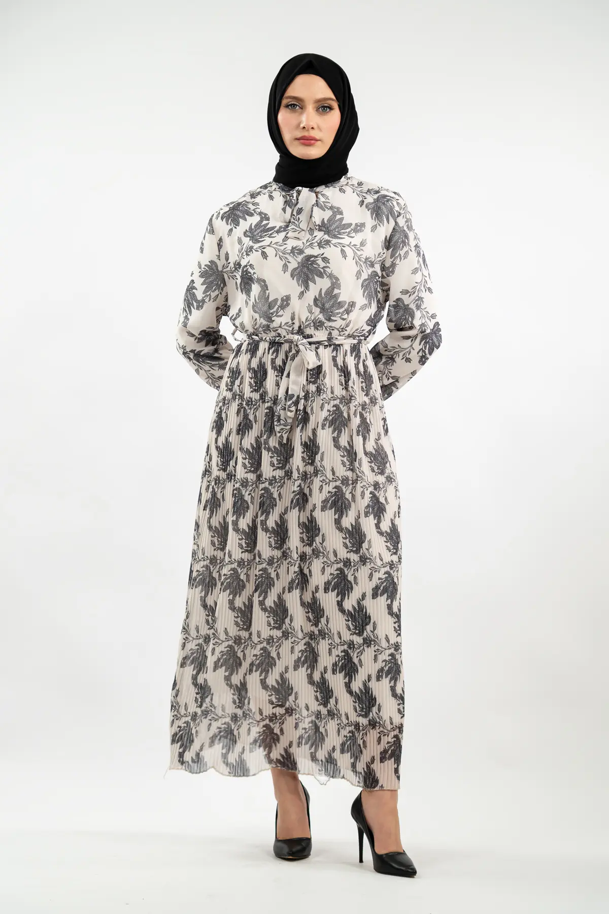 Çiçek Desenli Gri Tesettür Elbise-detail