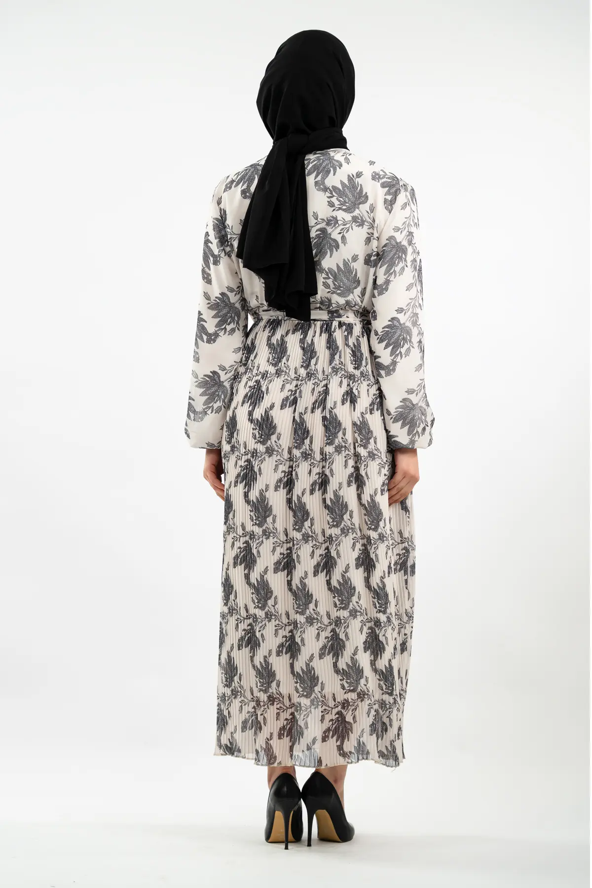 Çiçek Desenli Gri Tesettür Elbise-detail