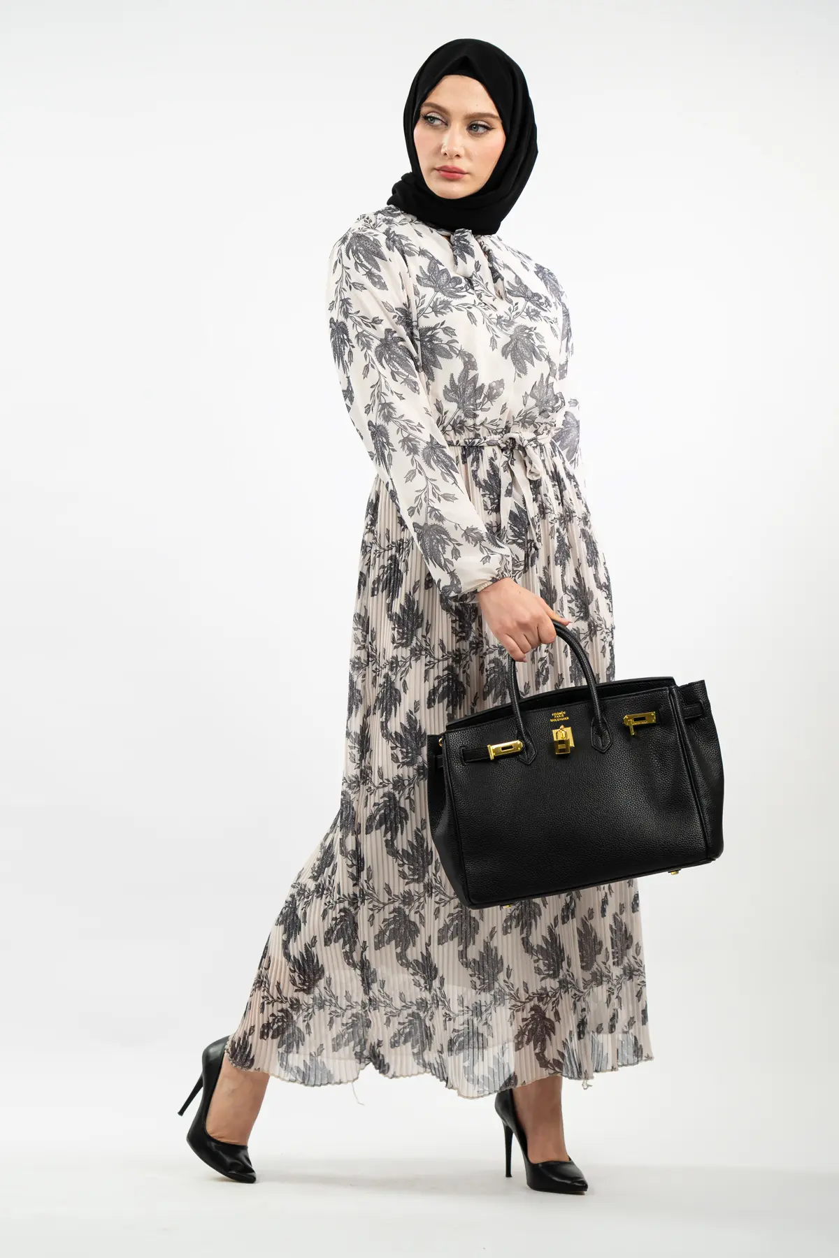 Çiçek Desenli Gri Tesettür Elbise-detail