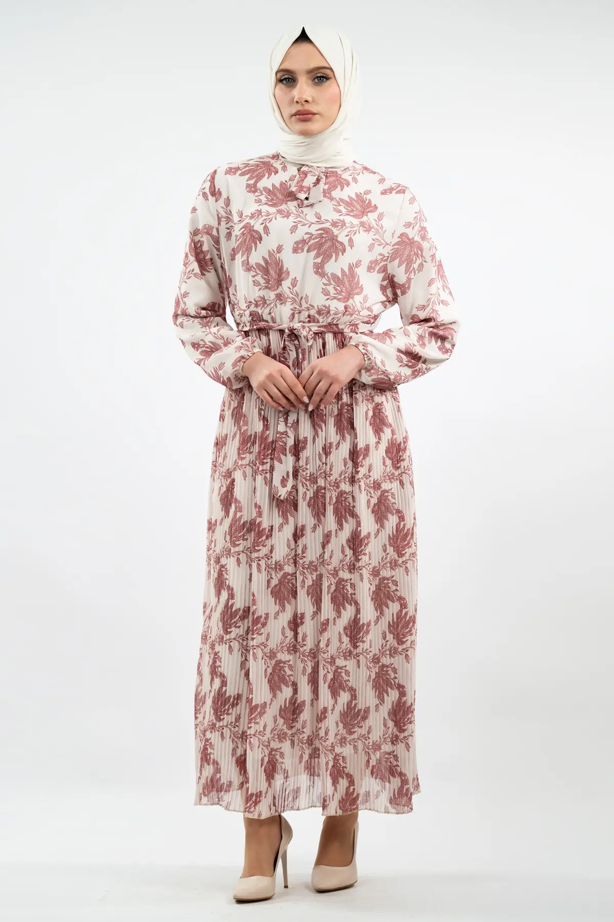 Çiçek Desenli Gül Kurusu Tesettür Elbise-detail