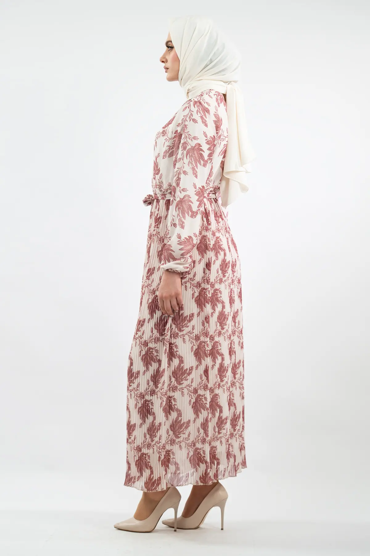 Çiçek Desenli Gül Kurusu Tesettür Elbise-detail