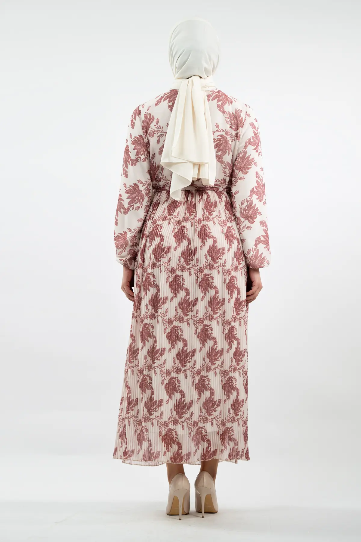 Çiçek Desenli Gül Kurusu Tesettür Elbise-detail