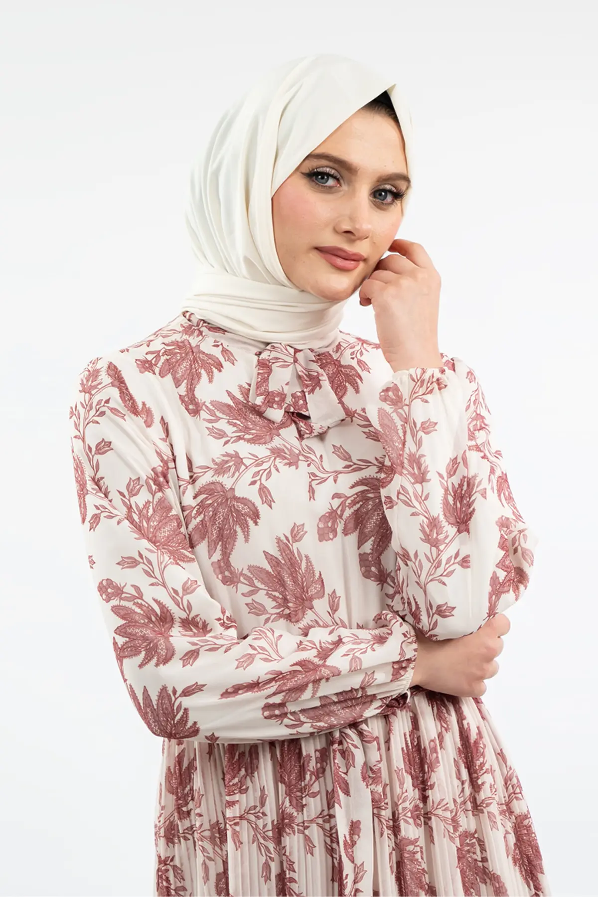 Çiçek Desenli Gül Kurusu Tesettür Elbise-detail