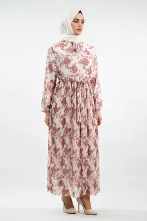 Çiçek Desenli Gül Kurusu Tesettür Elbise