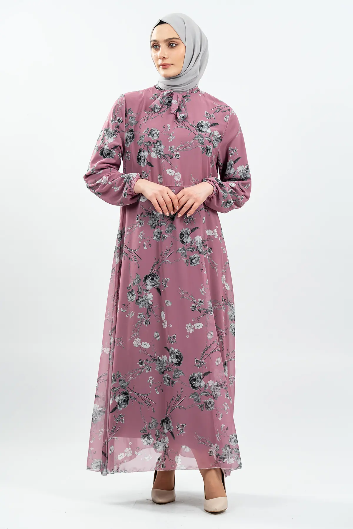 Çiçek Desenli Gül Kurusu Tesettür Elbise-detail