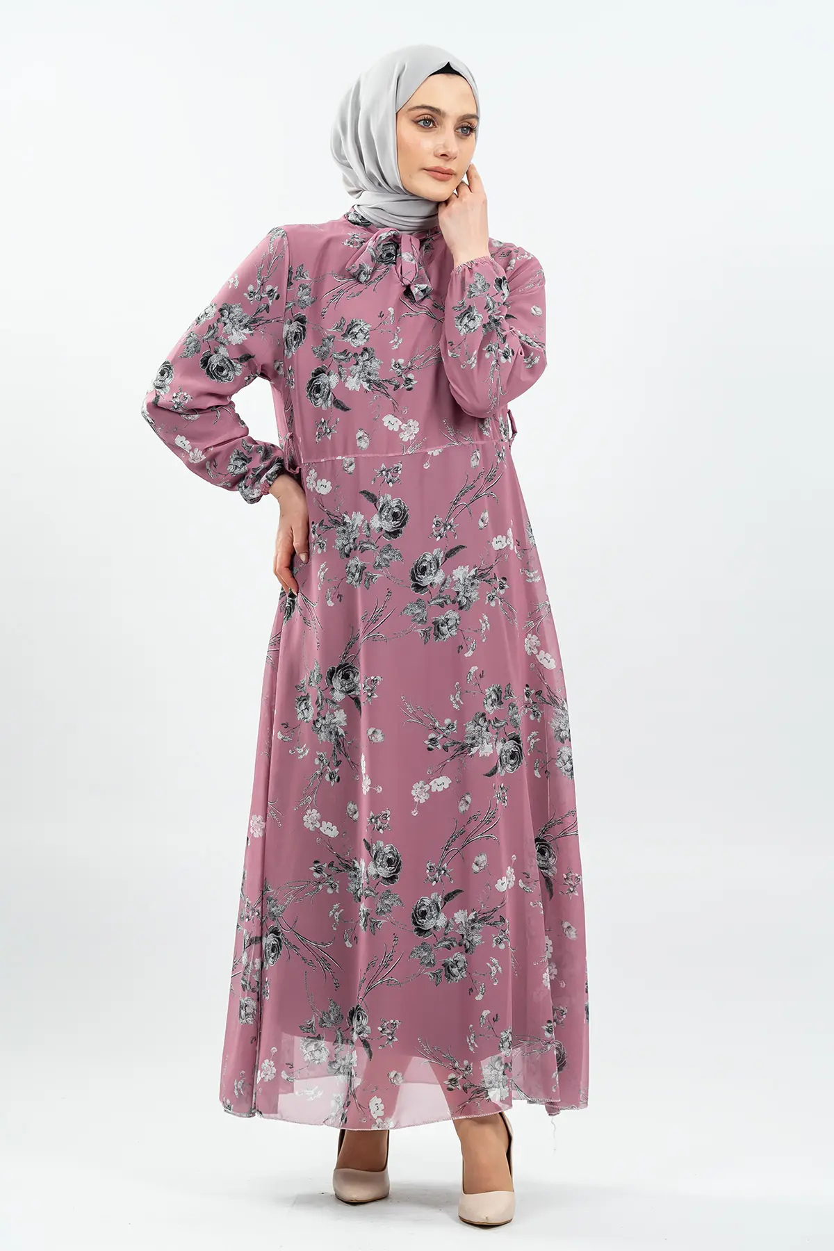 Çiçek Desenli Gül Kurusu Tesettür Elbise-detail