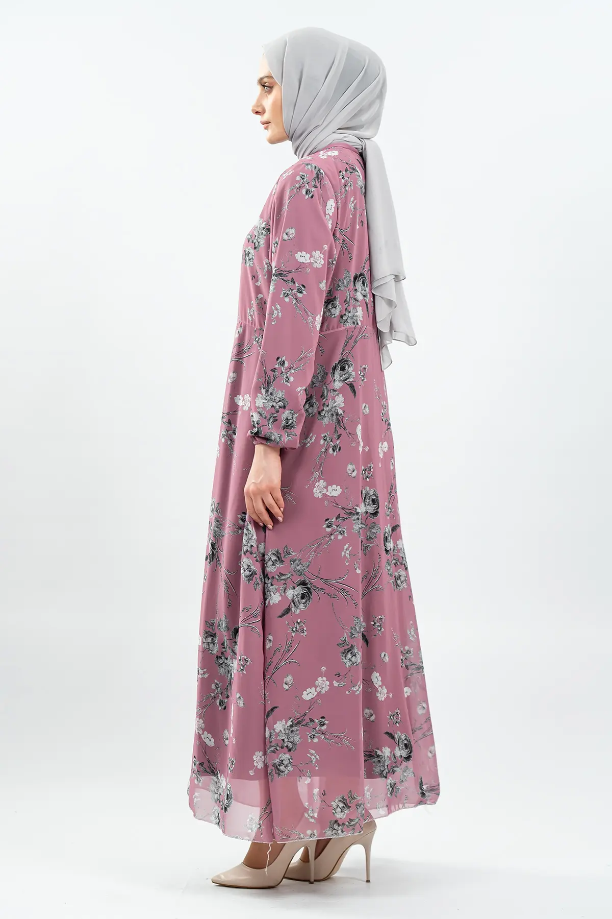 Çiçek Desenli Gül Kurusu Tesettür Elbise-detail