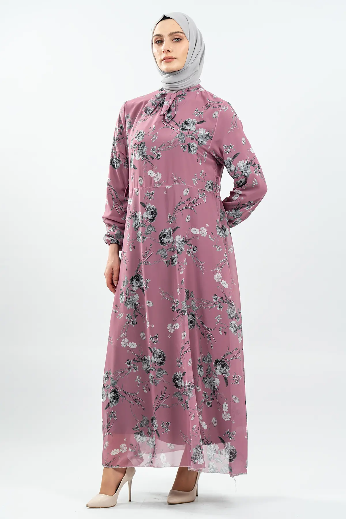 Çiçek Desenli Gül Kurusu Tesettür Elbise-detail