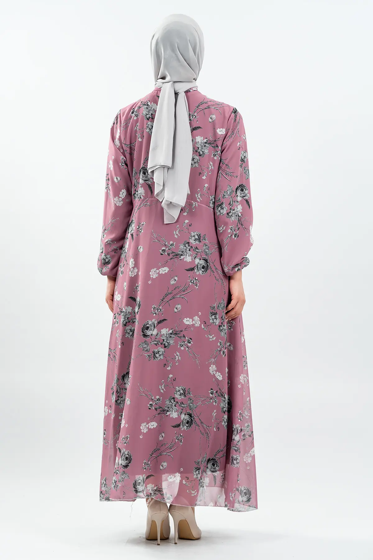Çiçek Desenli Gül Kurusu Tesettür Elbise-detail