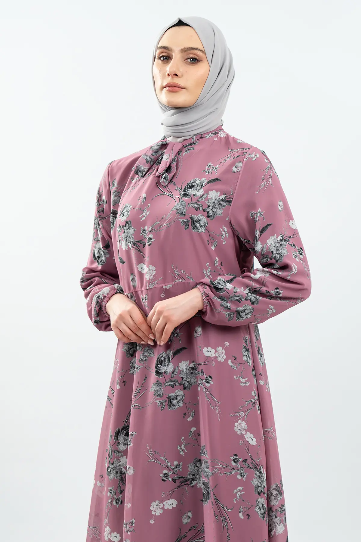 Çiçek Desenli Gül Kurusu Tesettür Elbise-detail