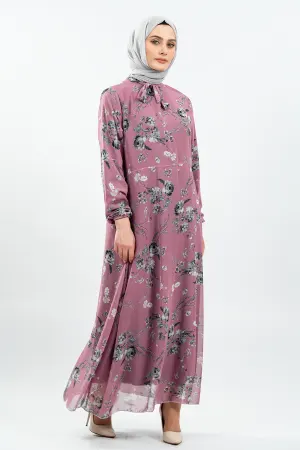 Çiçek Desenli Gül Kurusu Tesettür Elbise