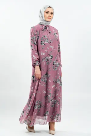 Çiçek Desenli Gül Kurusu Tesettür Elbise