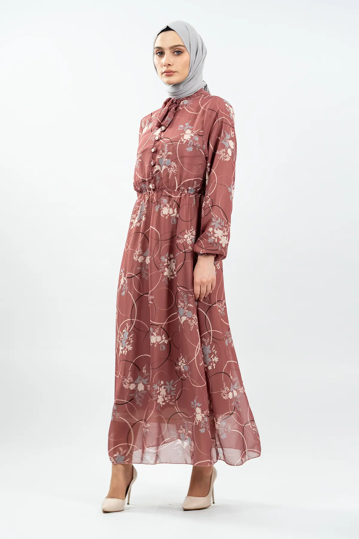 Çiçek Desenli Gül Kurusu Tesettür Elbise-detail