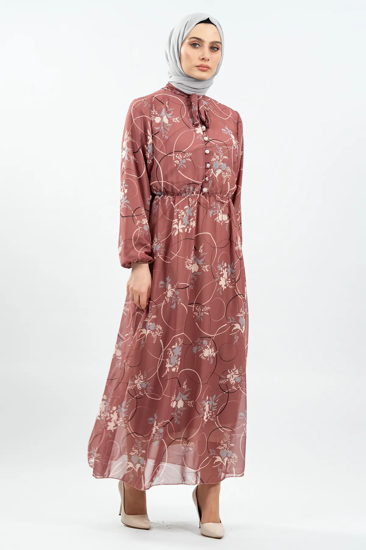 Çiçek Desenli Gül Kurusu Tesettür Elbise-detail