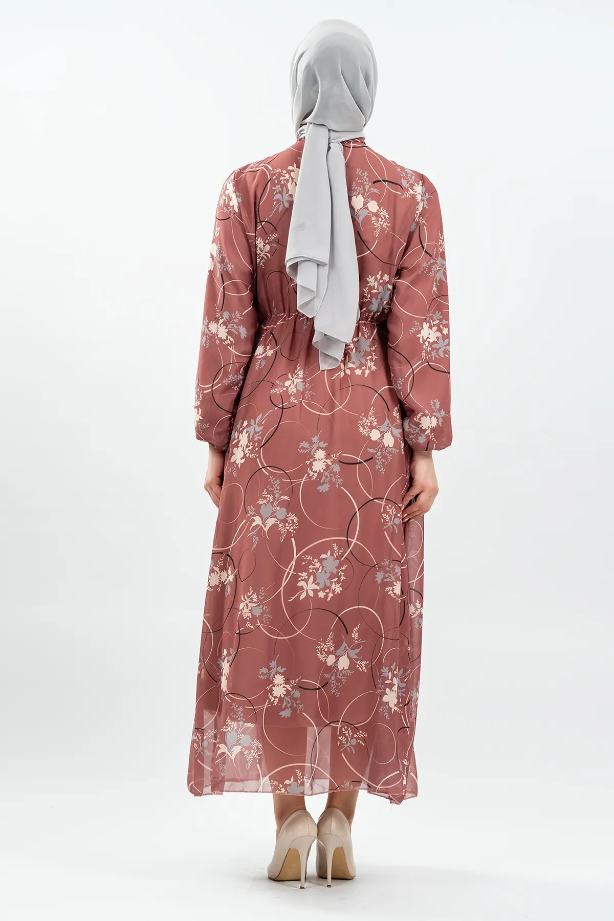 Çiçek Desenli Gül Kurusu Tesettür Elbise-detail