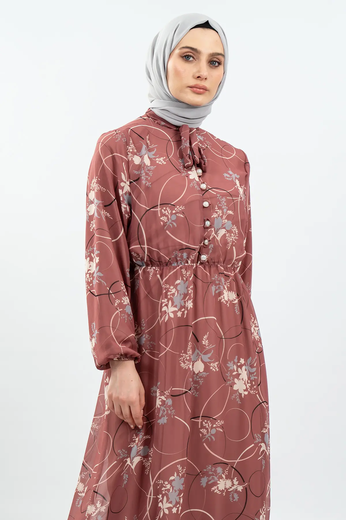 Çiçek Desenli Gül Kurusu Tesettür Elbise-detail