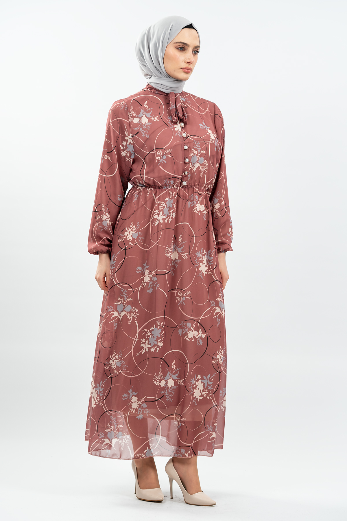 Çiçek Desenli Gül Kurusu Tesettür Elbise
