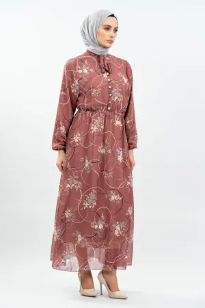 Çiçek Desenli Gül Kurusu Tesettür Elbise