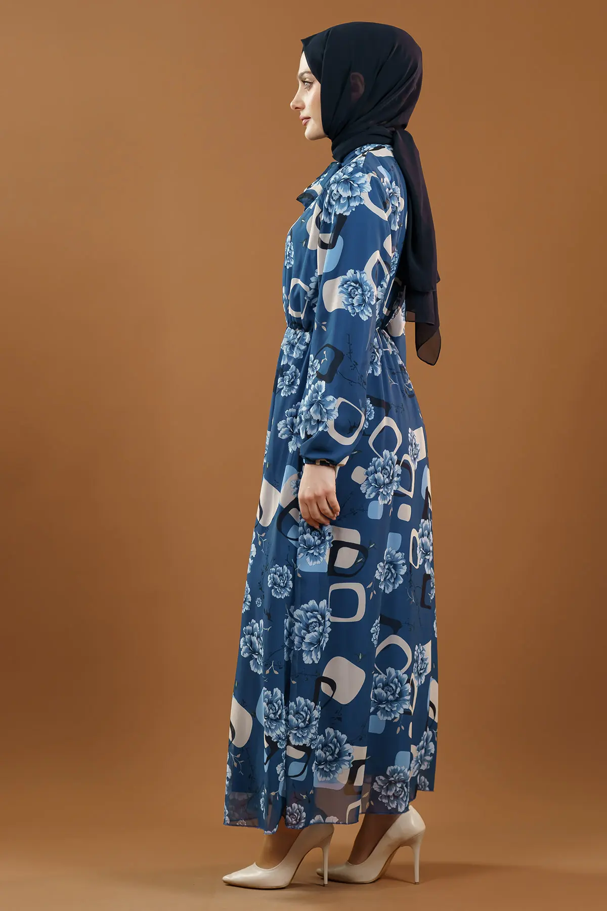 Çiçek Desenli Indigo Tesettür Elbise-detail
