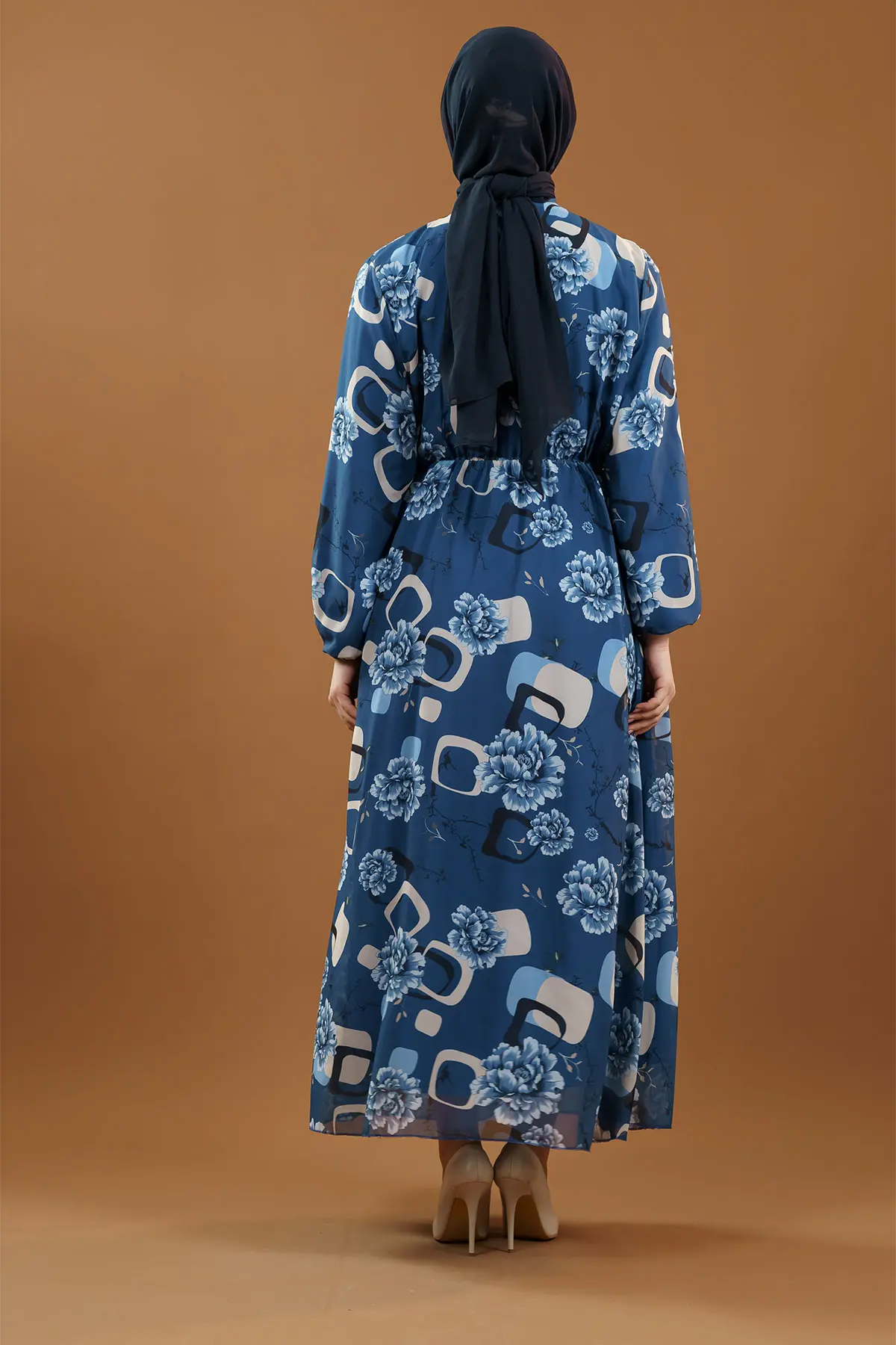 Çiçek Desenli Indigo Tesettür Elbise-detail