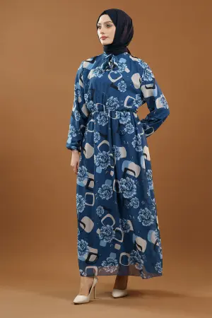 Çiçek Desenli Indigo Tesettür Elbise
