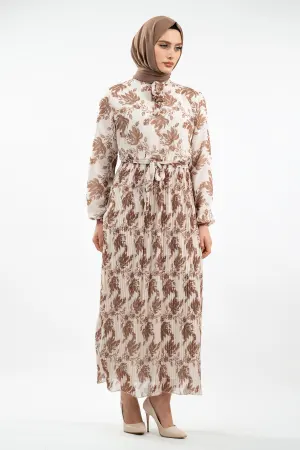 Çiçek Desenli Kahverengi Tesettür Elbise