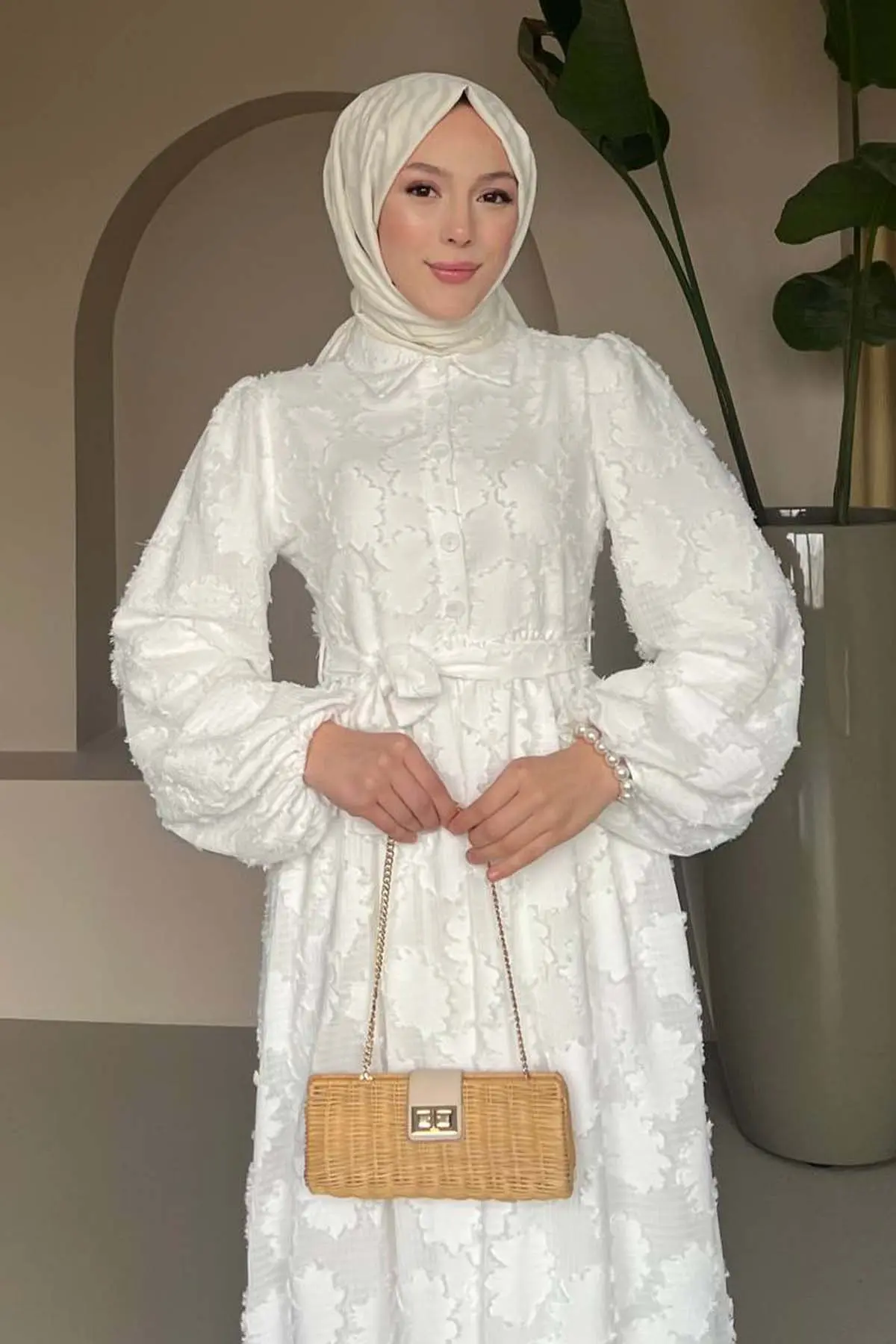 Çiçek Desenli Kesme Şifon Elbise Beyaz 1006-1-detail