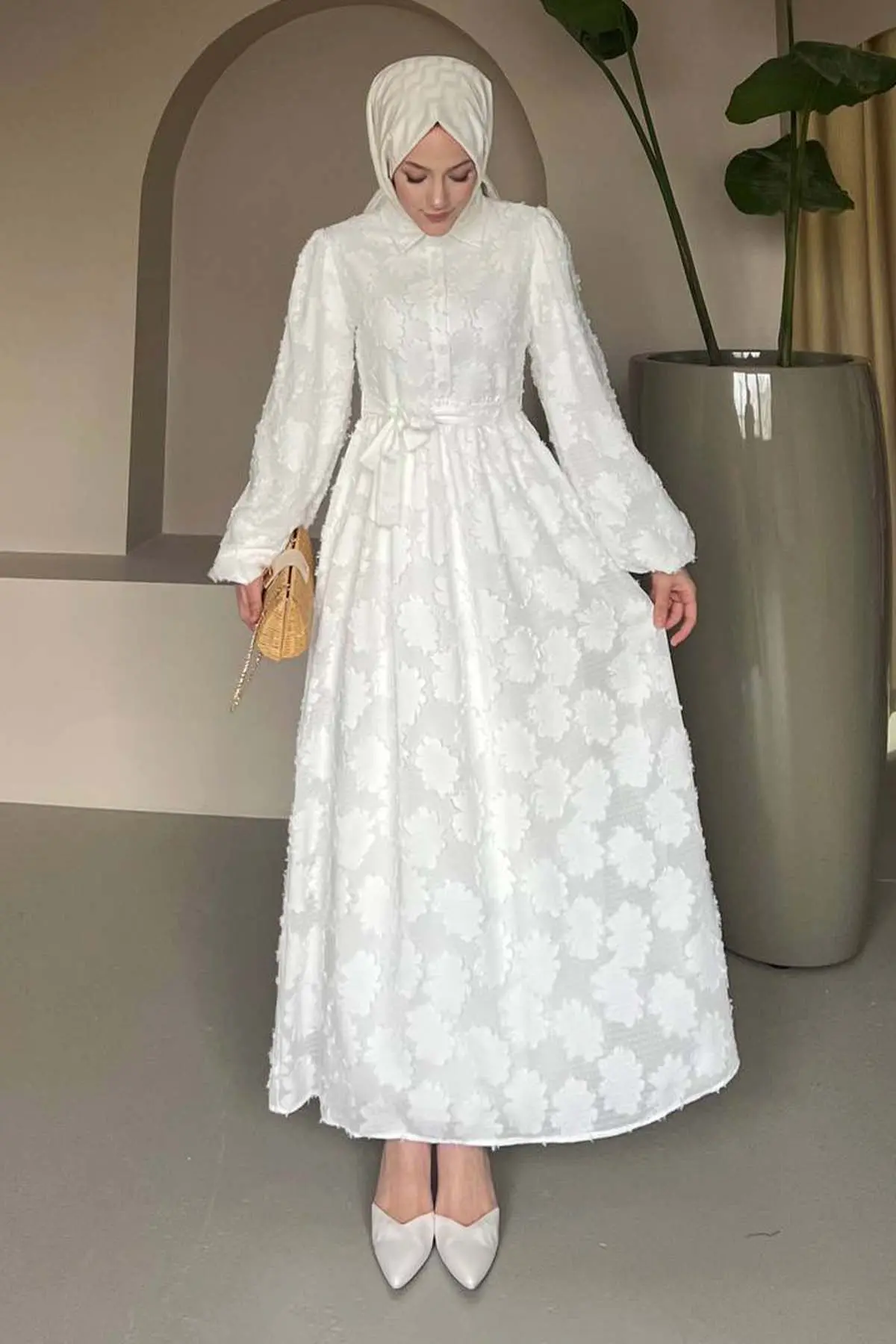 Çiçek Desenli Kesme Şifon Elbise Beyaz 1006-1-detail