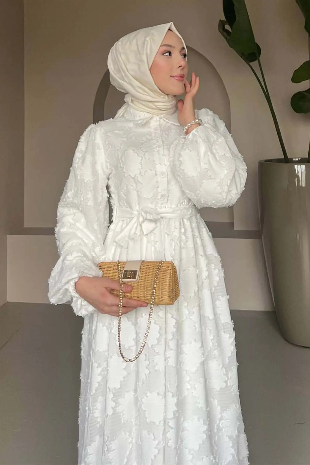 Çiçek Desenli Kesme Şifon Elbise Beyaz 1006-1-detail