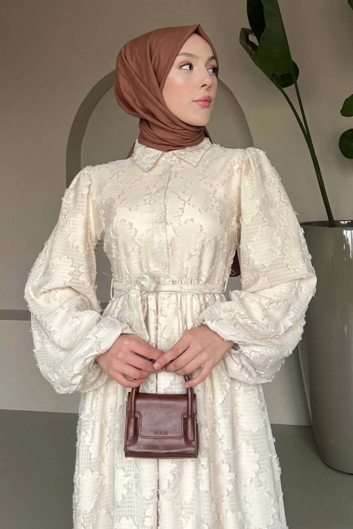 Çiçek Desenli Kesme Şifon Elbise Krem 1006-1-detail