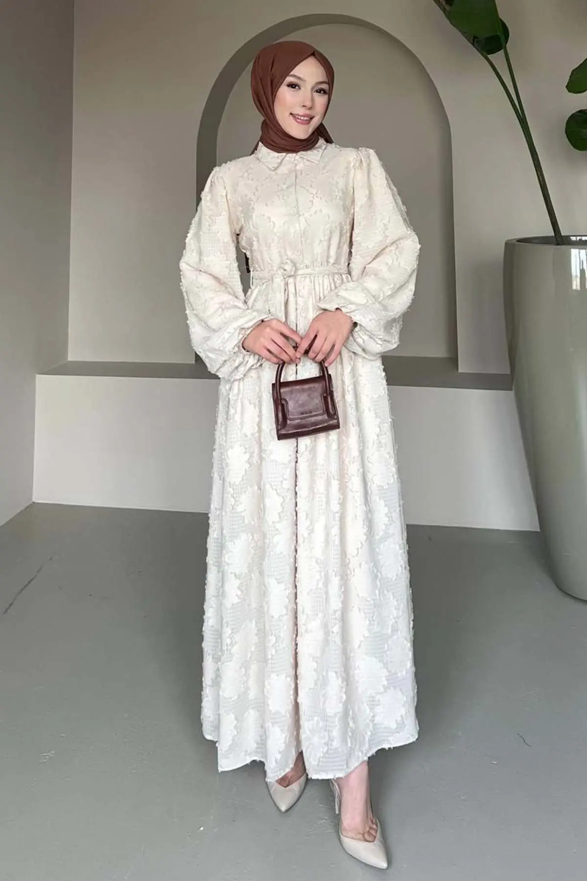 Çiçek Desenli Kesme Şifon Elbise Krem 1006-1-detail