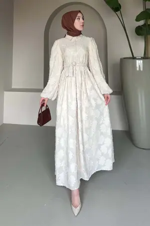 Çiçek Desenli Kesme Şifon Elbise Krem 1006-1