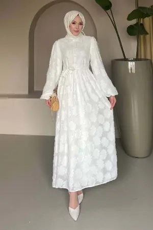 Çiçek Desenli Kesme Şifon Elbise Beyaz 1006-1