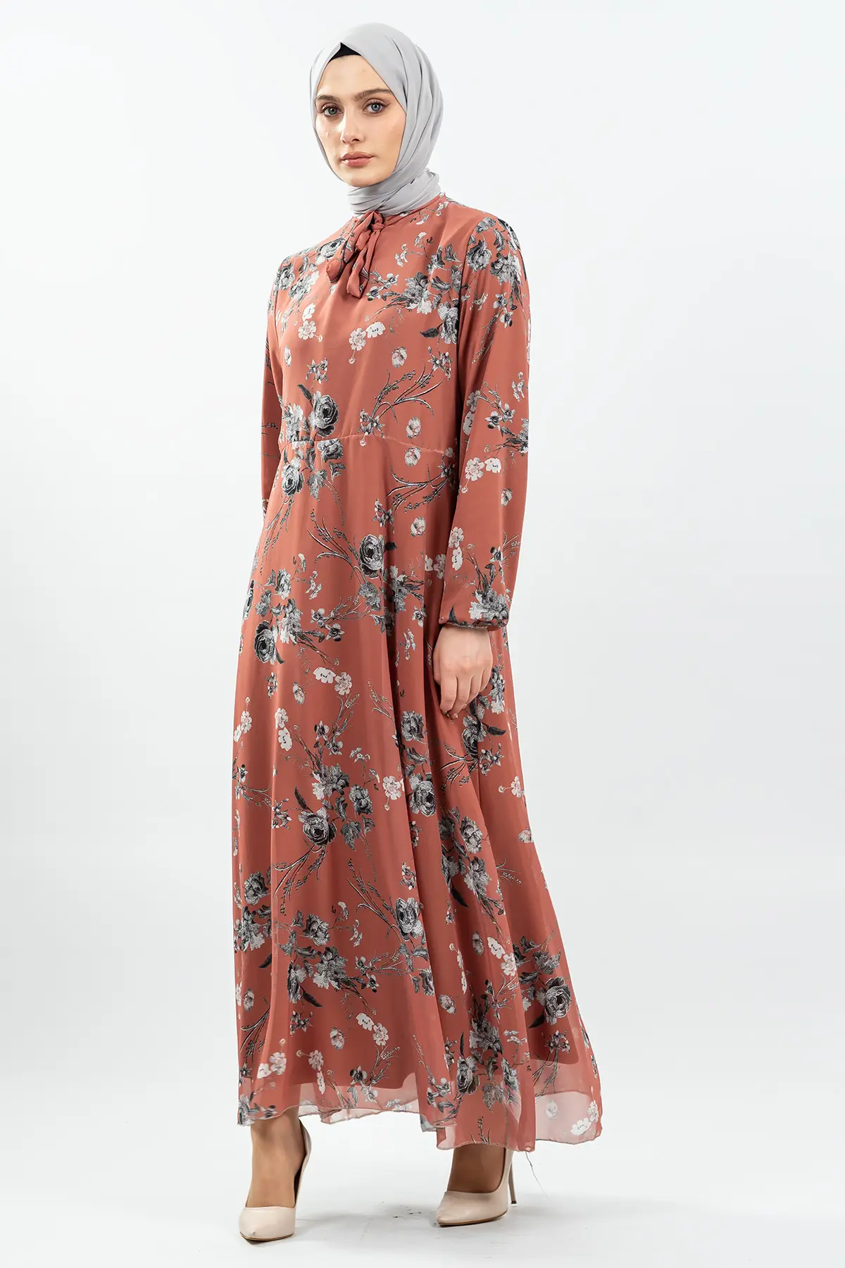 Çiçek Desenli Kiremit Tesettür Elbise-detail