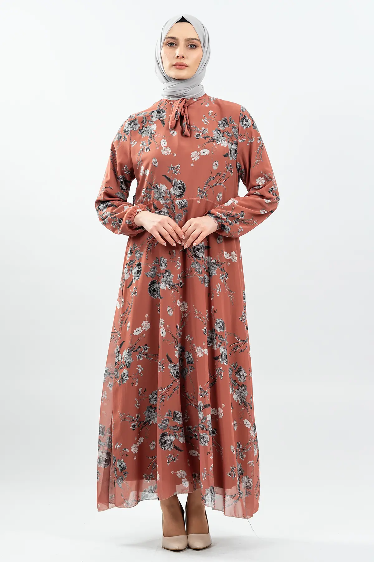 Çiçek Desenli Kiremit Tesettür Elbise-detail