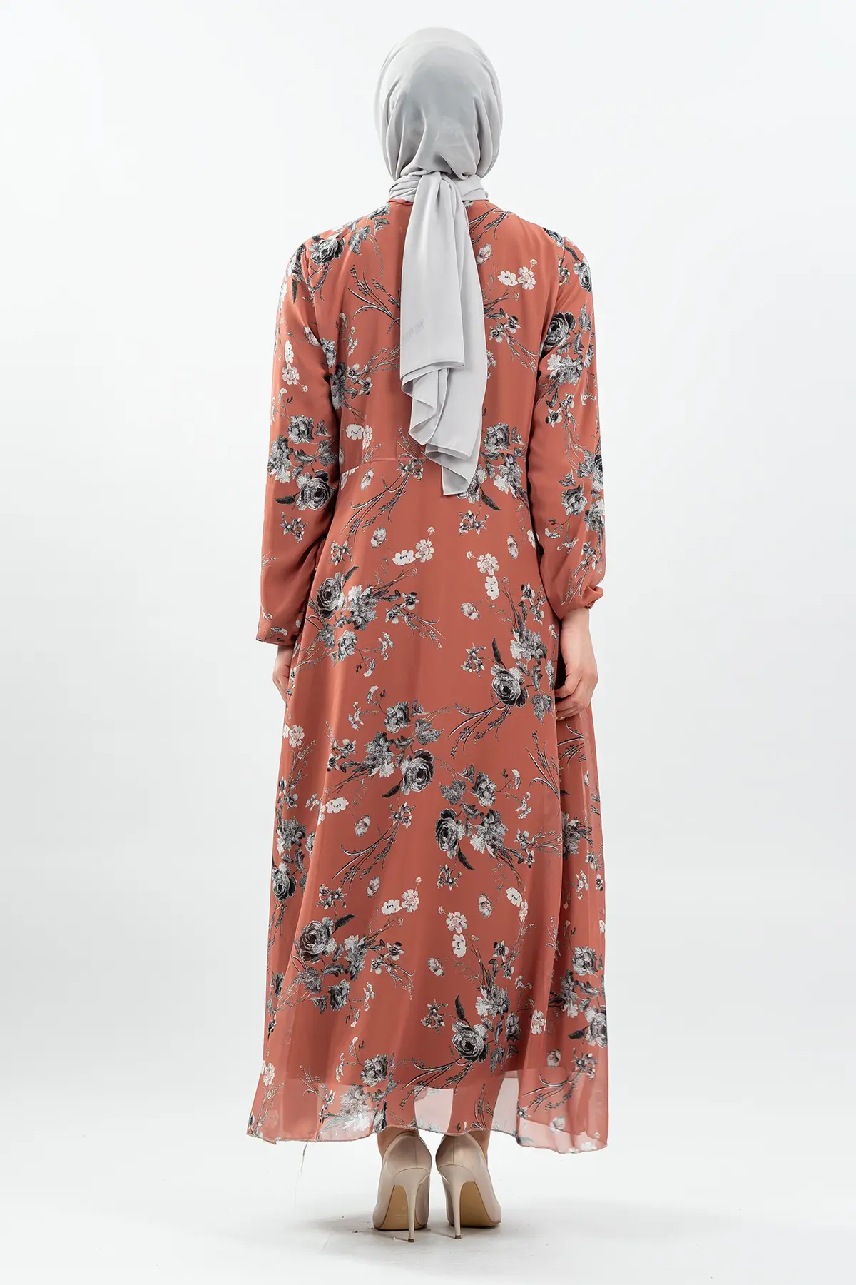 Çiçek Desenli Kiremit Tesettür Elbise-detail