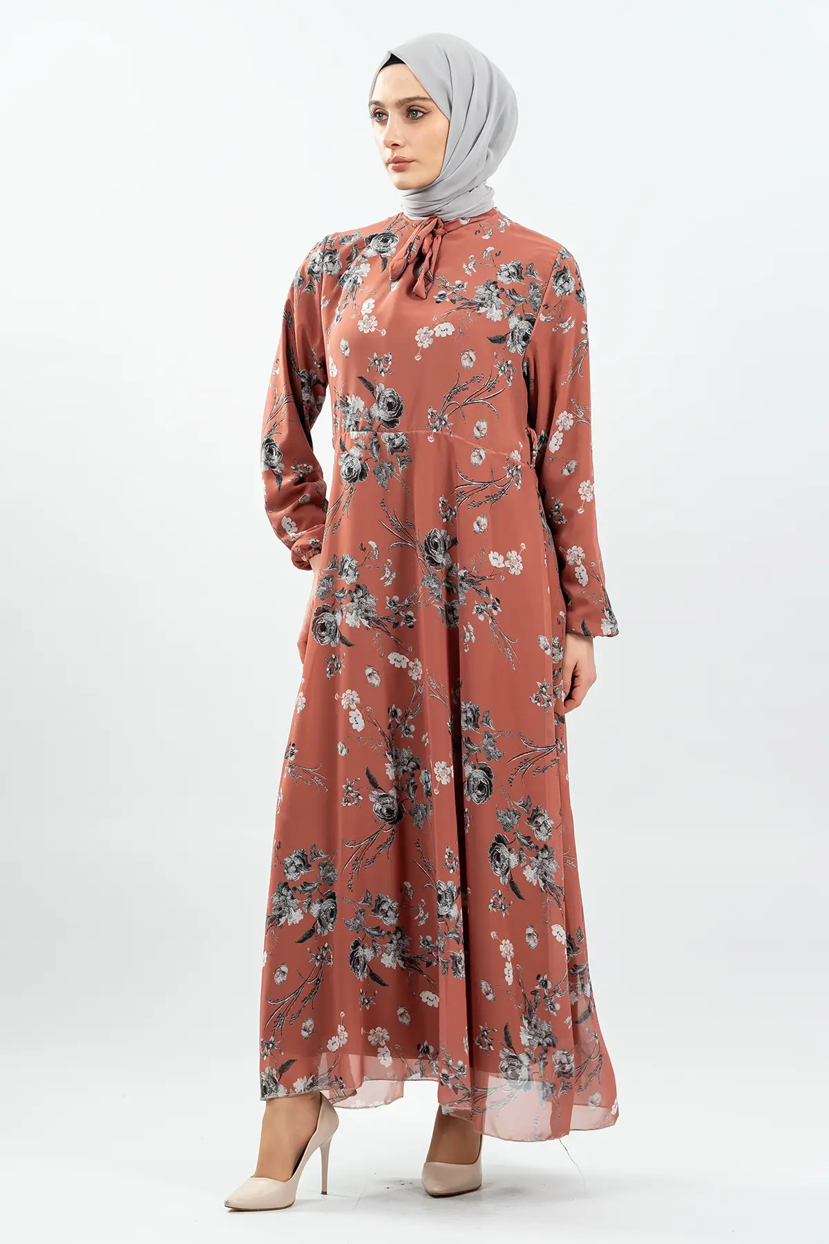Çiçek Desenli Kiremit Tesettür Elbise-detail