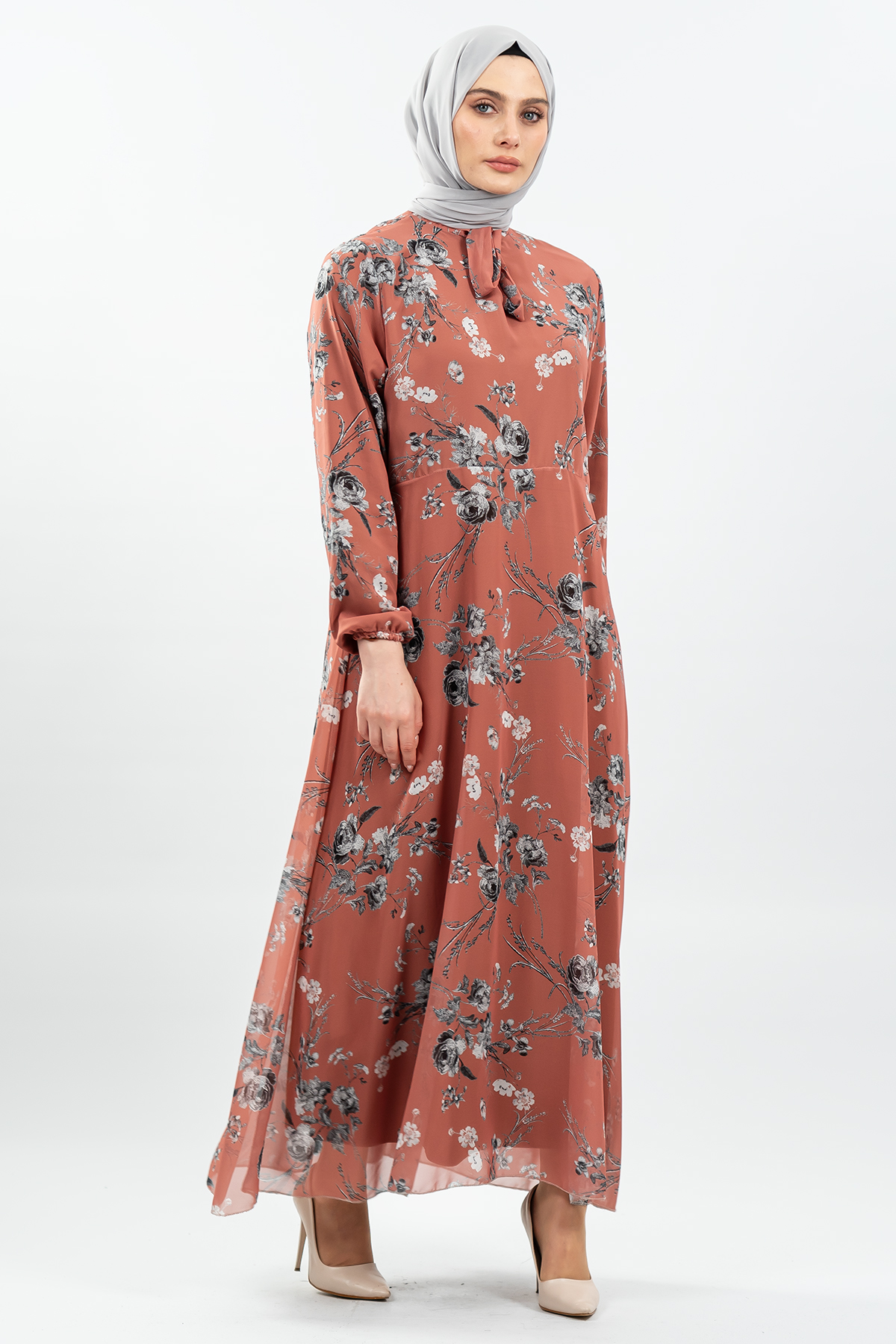 Çiçek Desenli Kiremit Tesettür Elbise