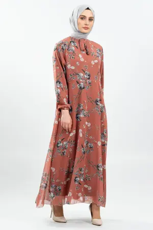 Çiçek Desenli Kiremit Tesettür Elbise
