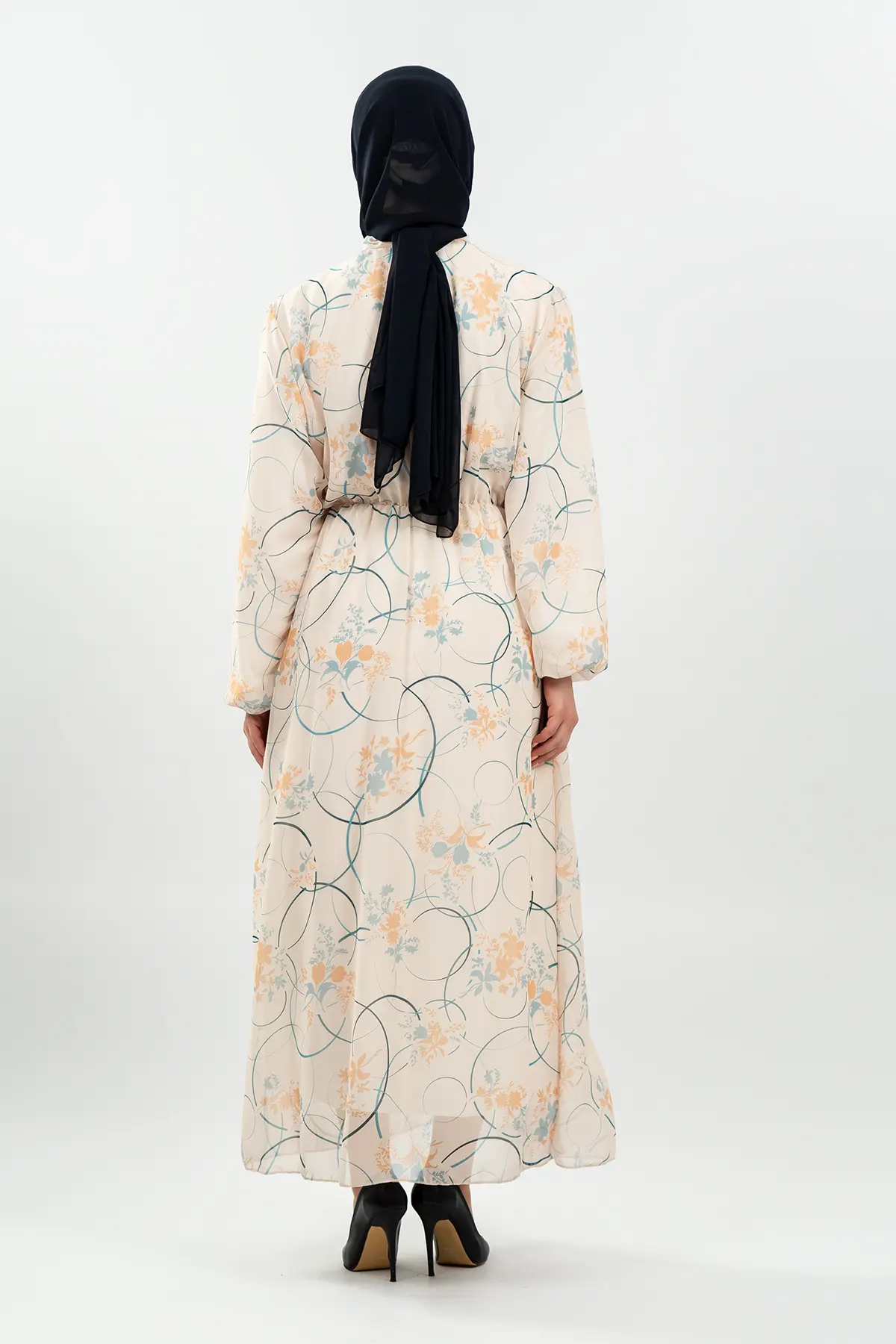 Çiçek Desenli Krem Tesettür Elbise-detail