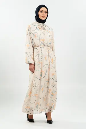 Çiçek Desenli Krem Tesettür Elbise