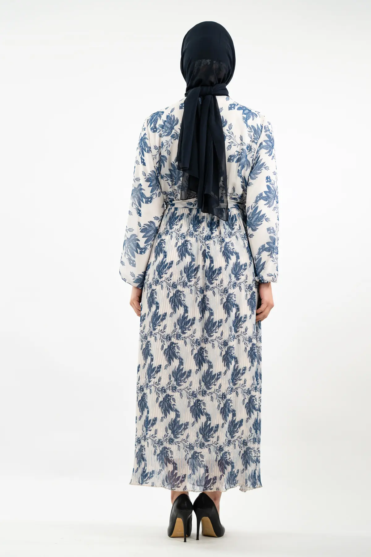 Çiçek Desenli Lacivert Tesettür Elbise-detail