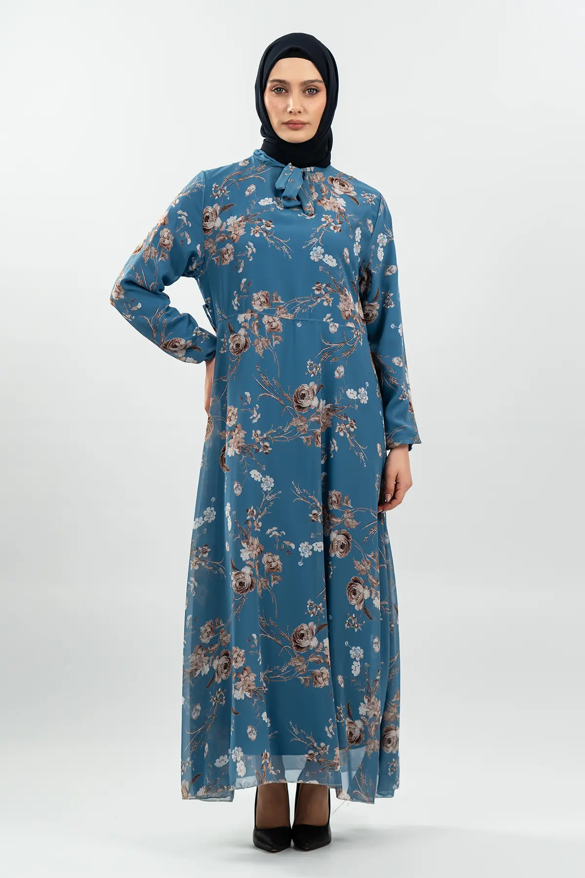 Çiçek Desenli Mavi Tesettür Elbise-detail