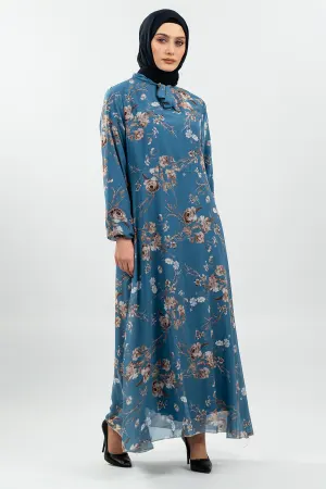 Çiçek Desenli Mavi Tesettür Elbise