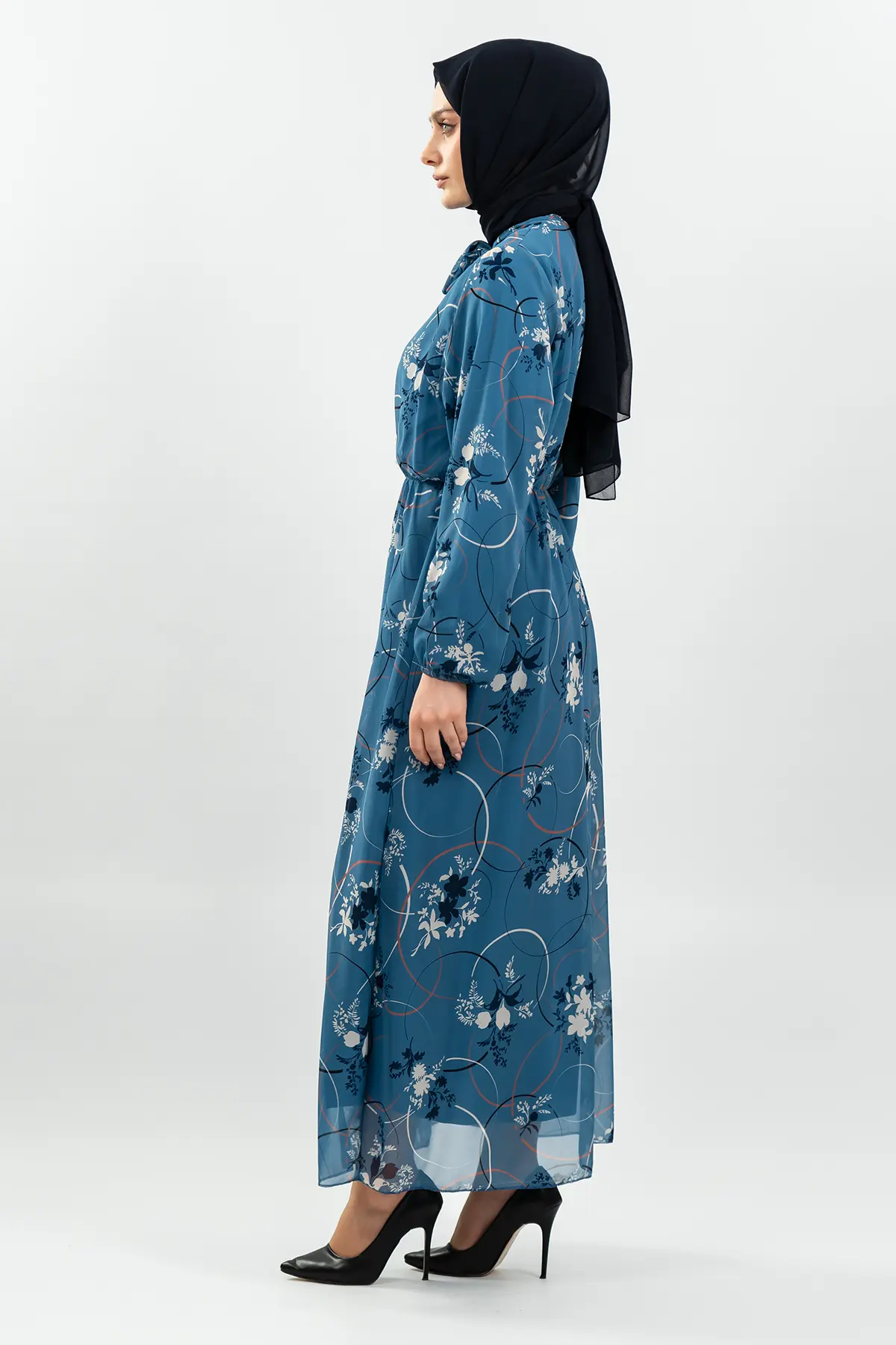 Çiçek Desenli Mavi Tesettür Elbise-detail