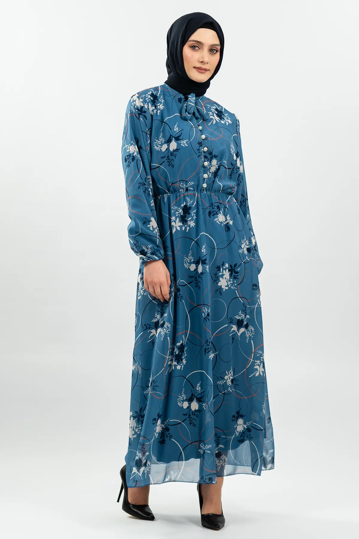 Çiçek Desenli Mavi Tesettür Elbise-detail
