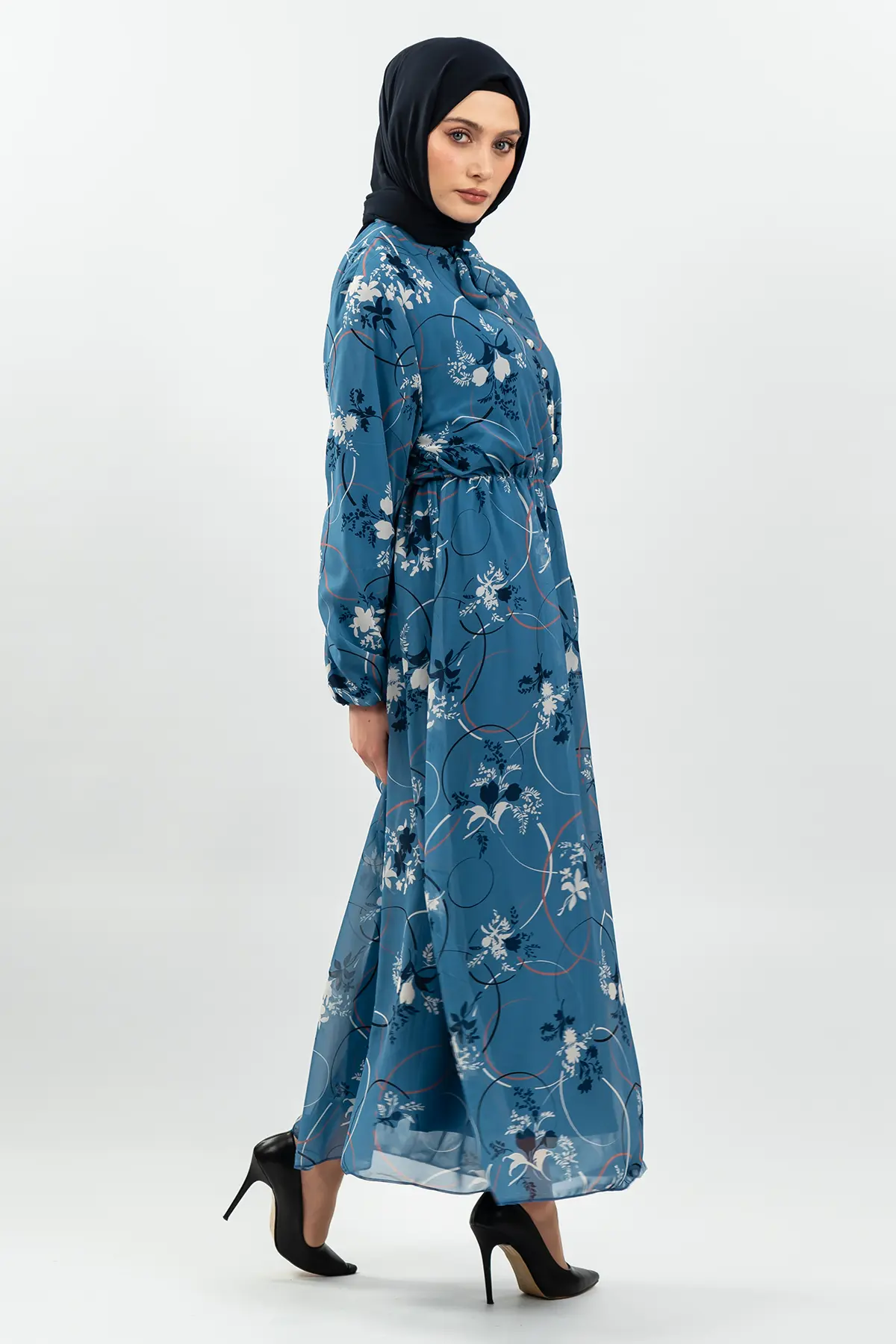 Çiçek Desenli Mavi Tesettür Elbise-detail