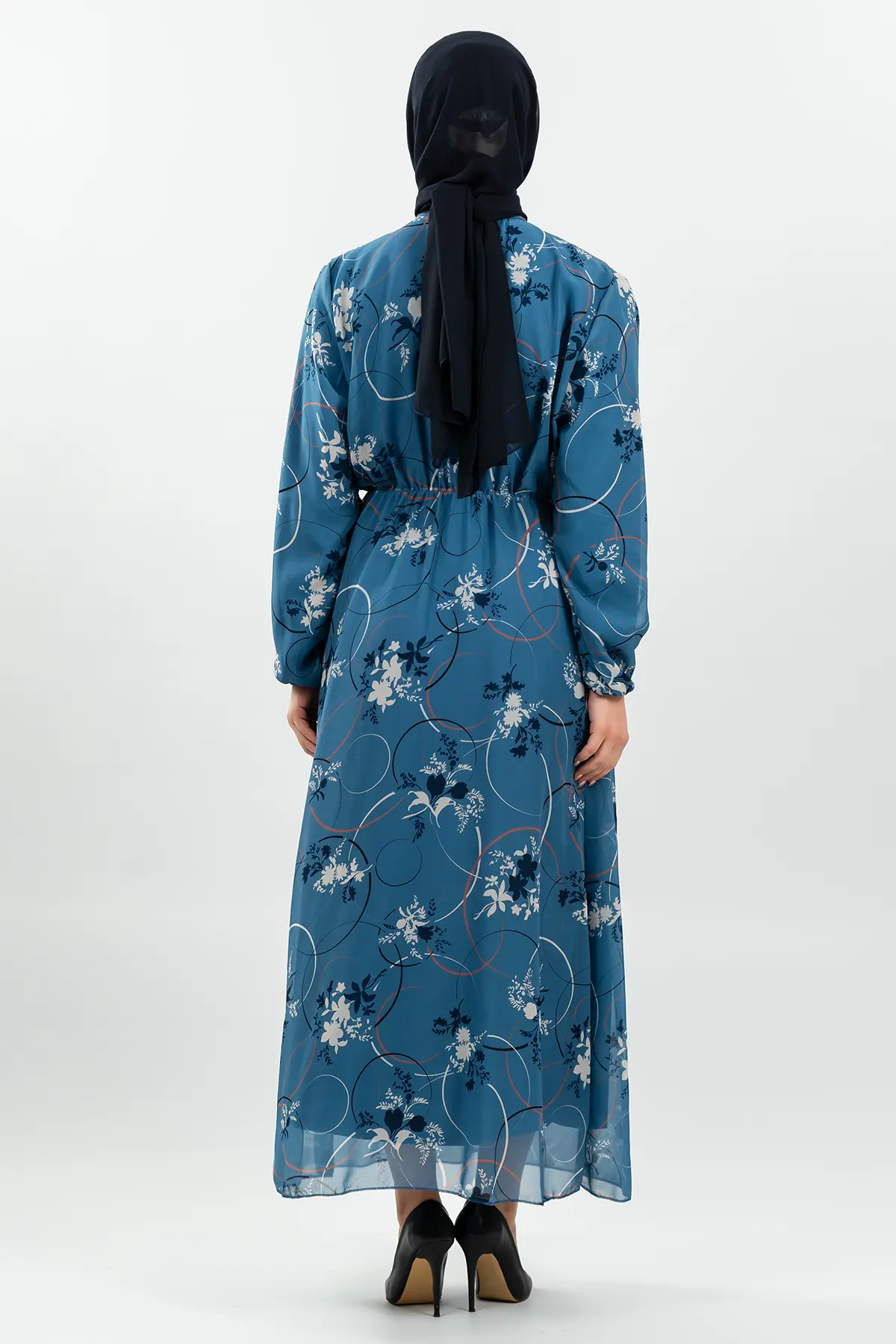 Çiçek Desenli Mavi Tesettür Elbise-detail