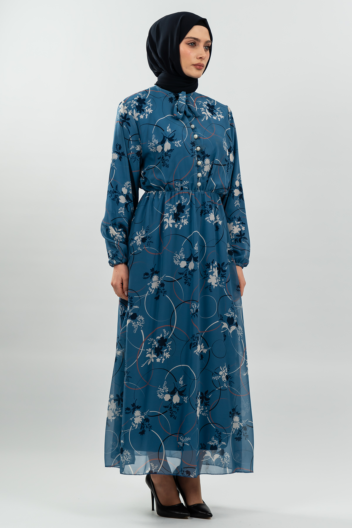 Çiçek Desenli Mavi Tesettür Elbise